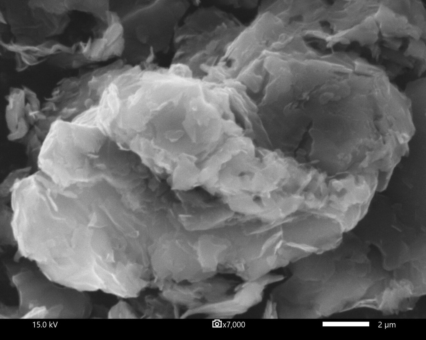 Scanning electron micrograph of purified Albany graphite at 7,000x magnification